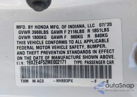 2021 Honda Insight Ex z USA, uszkodzony, nr VIN 19XZE4F52ME002171